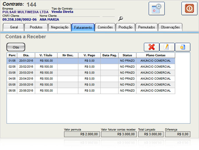 Faturamento do contas a receber do contrato comercial