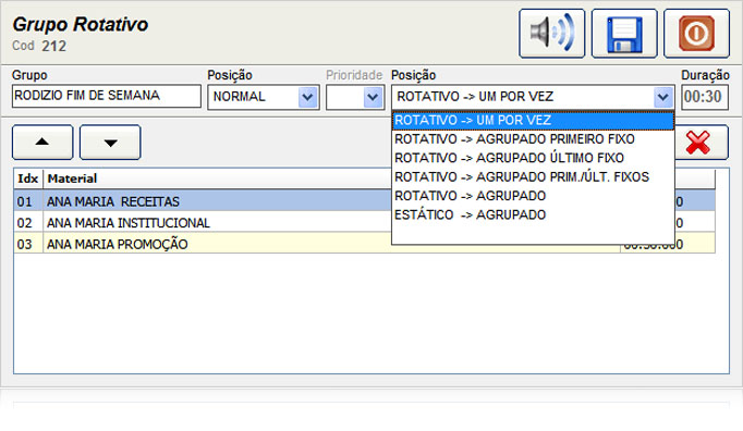 Tela dos tipos de rotatividade entre grupos de materiais para o roteiro comercial