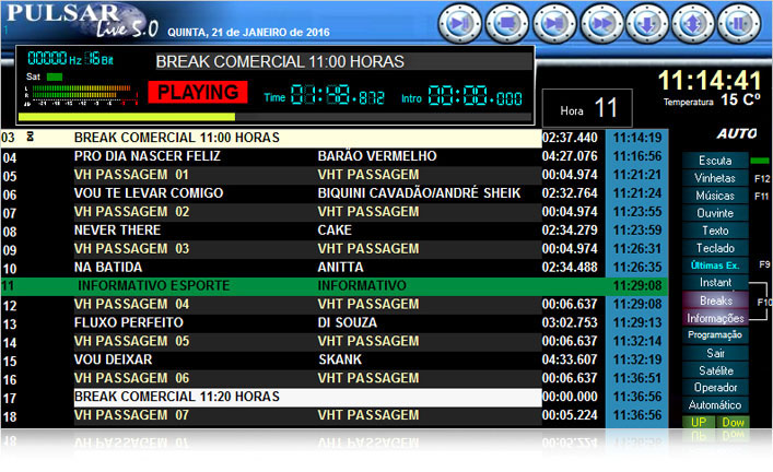 Sequencia da programação musical no player de áudio Live 5