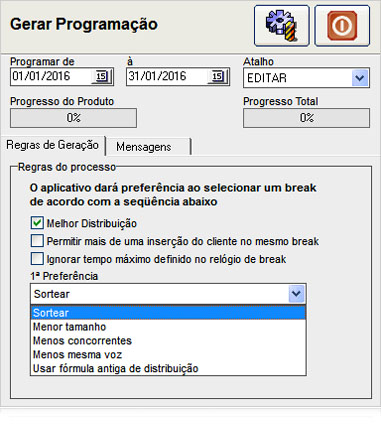 Regras para gerar a programação do roteiro comercial