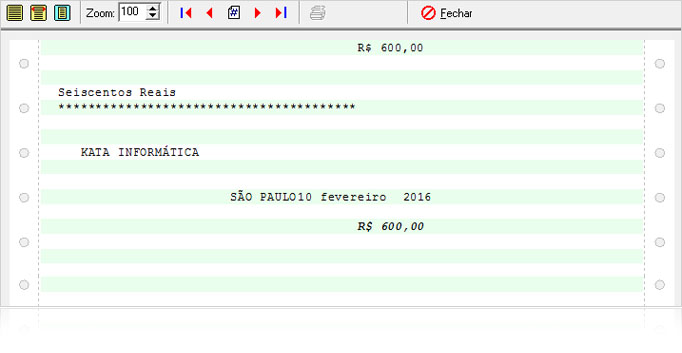 Tela da impressão de cheque no financeiro