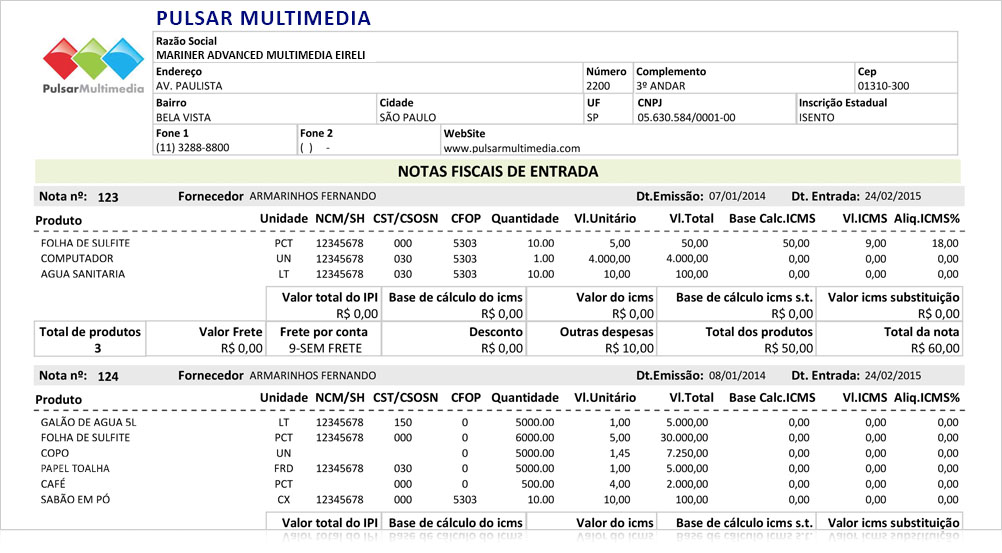 Relatório das notas fiscais de entrada para o controle do estoque