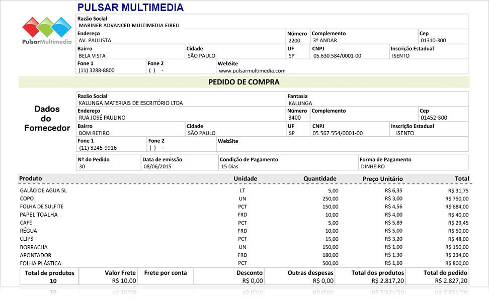 Relatório do pedido de compras para o controle do estoque