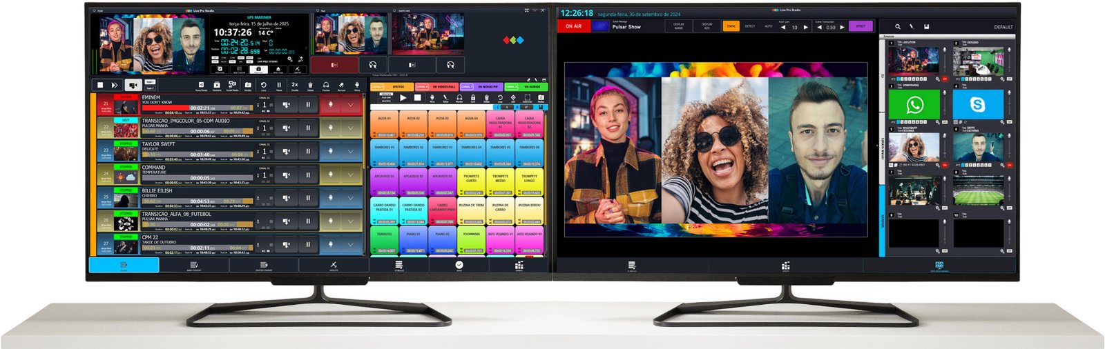 Interface do playout audiovisual LPS em dois monitores