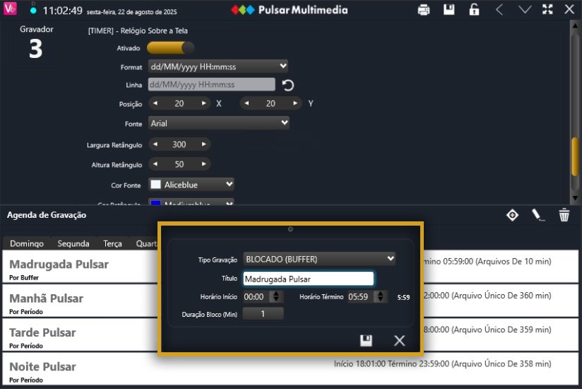 Tela de configuração para gravação dos vídeos