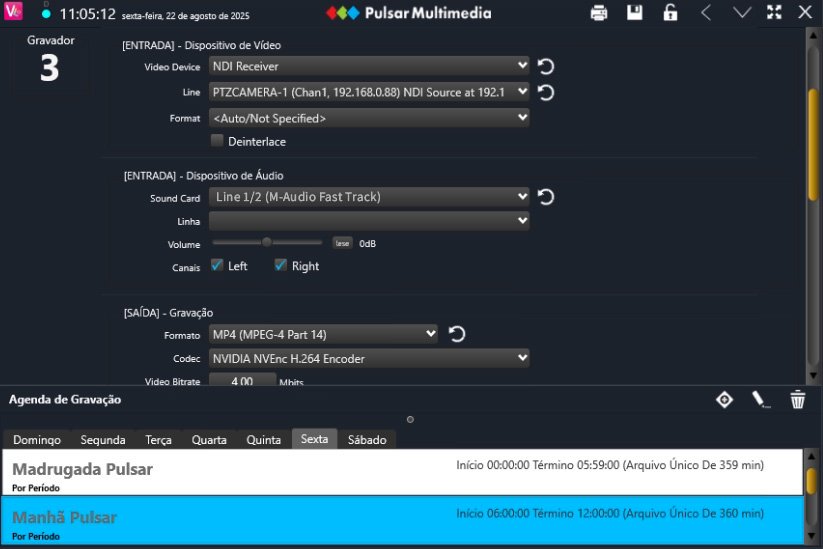 Tela de configuração dos parâmetros de gravação do vídeo