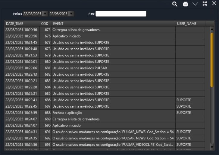 Tela da consulta dos logs de eventos no Video Logger