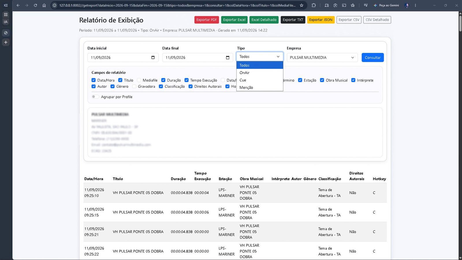 Relatório Web de Exibição