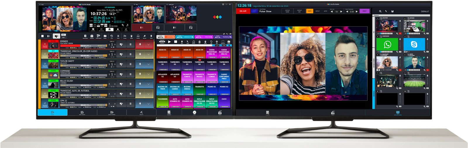 Interface do playout audiovisual LPS em dois monitores