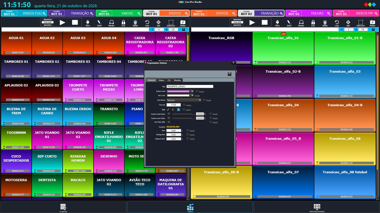 Interface dos Arrays de Vinhetas no Live Pro Studio playout audiovisual