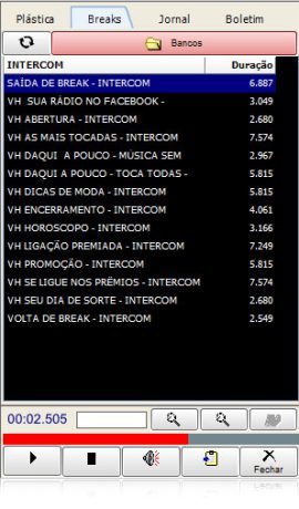 Janela de busca de vinhetas no Player de Áudio Live Pro