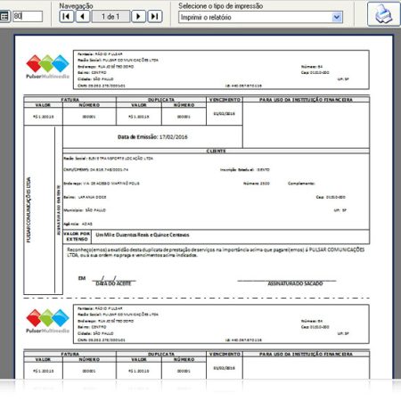 Tela da impressão da fatura no financeiro